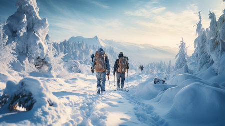 People observing mountain scenery. people stay in front of scenic landscape. These are skiers, they dressed in winter sport jackets and have skies attached.の素材