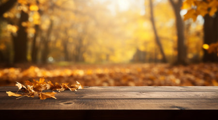 Golden autumn leaves background with bokeh and empty wooden table for a decorationの素材