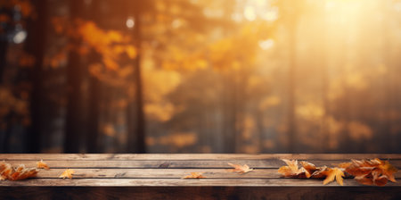 Autumn Leaf Falling On The Wood Table. Autumn Seasonの素材