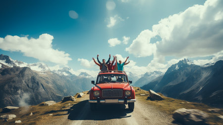 group of friends traveling by car on a vacation to the mountains.の素材