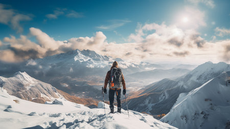 Young man with backpack trekking through mountains. Tourist stand on the winter background of the landscape and blue skyの素材