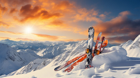 Skis in snow at Mountainsの素材