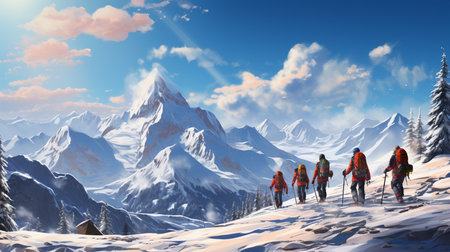 Group of tourists trekking on glacier in dense dangerous.の素材