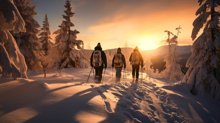 Group of tourists trekking on glacier in dense dangerous.の素材