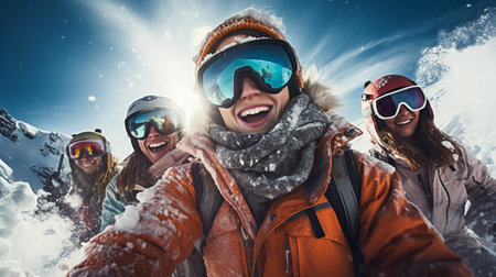 winter, extreme sport and people concept - happy friends having fun on the snow and making selfie.の素材