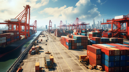 Logistics and transportation of Container Cargo ship and Cargo plane with working crane bridge in shipyard at sunrise, logistic import export and transport industry background.の素材