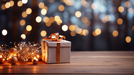 Defocused Image Of Illuminated Christmas Tree Against Black Background. sustainable gift on the foregroundの素材
