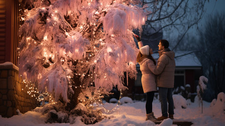 Couple near christmass trees. Winter holidays. Love story of young couple weared white pullovers. Happy man and young woman love each other.の素材