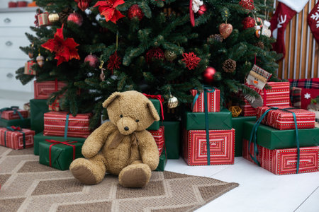 Many beautiful gift boxes under Christmas treeの写真素材