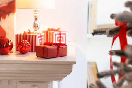 Beautiful gift with Christmas ornamentsの写真素材