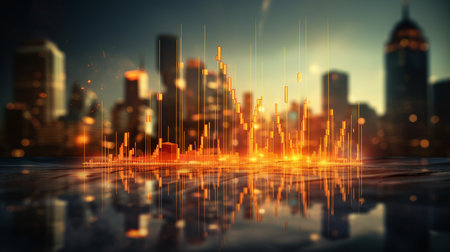 Double exposure of abstract creative financial diagram and world map on Los Angeles office buildings background, banking and accounting conceptの素材