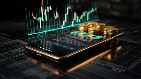 Futuristic stock exchange scene with mobile phone and laptop running concept trading app (3D illustration)の素材