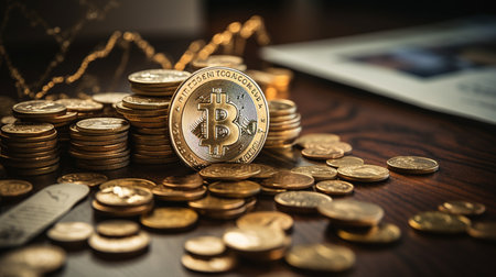 Bitcoin coin the physical bit Digital currency cryptocurrency A gold coin with a gorgeous golden bitcoin symbol. Fit your valuable work.の素材