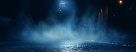 Background of an empty room with smoke and neon light. Dark abstract backgroundの素材