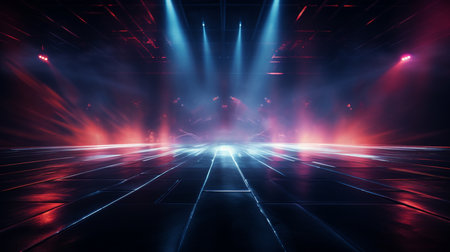 Empty background scene. Dark street, reflection of blue and pink neon light on wet pavement. Rays of light in the dark, smoke. Night view of the city. Abstract dark background. 3d illustrationの素材