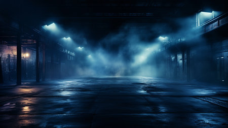 A street light standing in flood water with a bridge behind on a spooky, misty night, with a blue moody edit.の素材