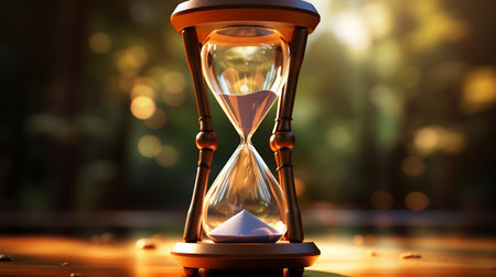 Golden sand inside transparent hourglass isolated on black background. Stock footage. Small metal particles running through an hourglass measuring passing time.の素材