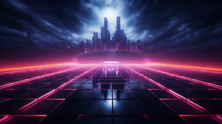 Empty night scene. Futuristic abstract blue and pink neon background, luminous geometric figure in the center. Abstract light, rays and lines.の素材