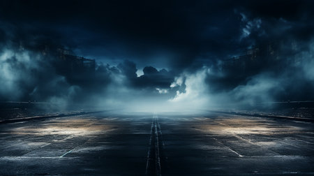 A street light standing in flood water with a bridge behind on a spooky, misty night, with a blue moody edit.の素材