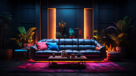 Retro Cyber Sci Fi Neon Glowing Laser Purple Blue Lights Futuristic Bar Sofa Club Night Grunge Show Podium Stage Brick Wall Drink Modern Dance Floor 3D Rendering Illustrationの素材
