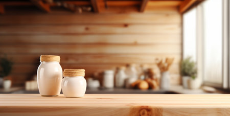 The empty wooden table top with blur background. Exuberant image.の素材