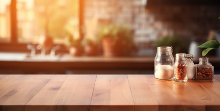 The empty wooden table top with blur background of cafe. Exuberant image.の素材