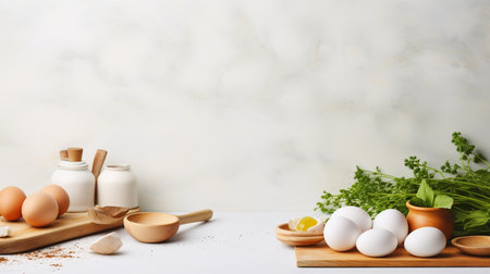 Home cooking concept with baking ingredients, eggs, milk, flour on a light background.の素材
