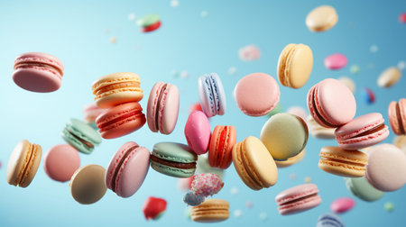 French Macarons on a blue background. Trendy dessert. Sweet cakes.の素材