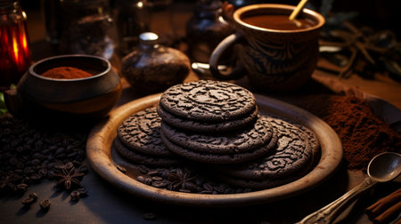 Chocolate chips cookies in a bowl in dark black backgroundの素材
