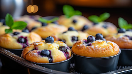 Muffins with blueberries and red currant on textile surfaceの素材