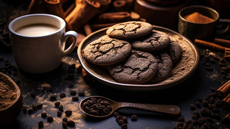 brown chocolate cookies with chocolate chip on the dark backgroundの素材