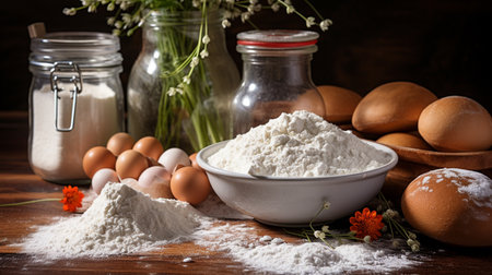 Baking background. Ingredients for cooking baking - flour, eggs, sugar, milk and spices. Top view with copy space on dark rusty table.の素材