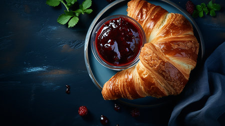 French croissant. Freshly baked croissants with jam on dark stone background with coffe. Tasty croissants with copy space.の素材