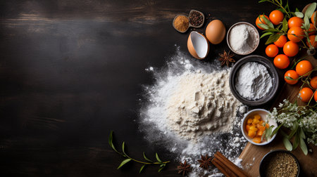 Ingredients for cooking bread or cookies: oat bran, flour, eggs, spices on rustic wooden background. Healthy food concept. Food background. Top view with copy space for textの素材