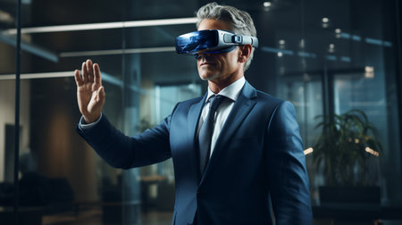 360. Virtual game. Man in black suit uses a virtual reality glasses. VRの素材