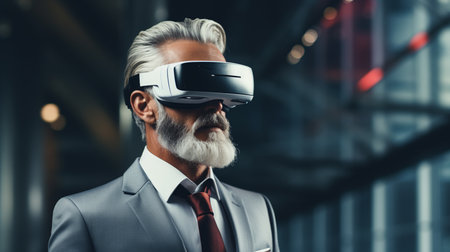 360. Virtual game. Man in black suit uses a virtual reality glasses. VRの素材