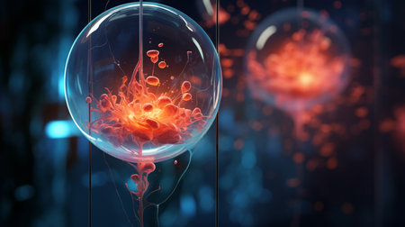 Empty Dark Futuristic Sci Fi Big Hall Room With Lights And Circle Shaped Neon Light. Dark neon background, empty stage, abstract dark background. Neon circle, reflection, smogの素材