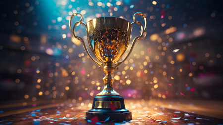 gold cup trophy against shiny sparks backgroundの素材