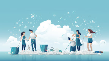 Cleaning illustration concept Professional hygiene service for domestic households Group of people making cleanup of room Sanitary chemical products for laundry, floor, kitchen and toiletの素材