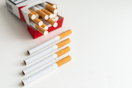 Cigarette, tobacco in roll paper with filter tube, No smoking concept.の写真素材