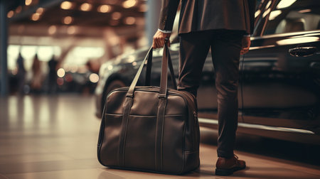 Full length of handsome caucasian businessman in suit a holding briefcase and closing trunk.の素材