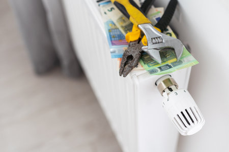 A stack of money on the background of the radiator. Expensive utilities.の写真素材