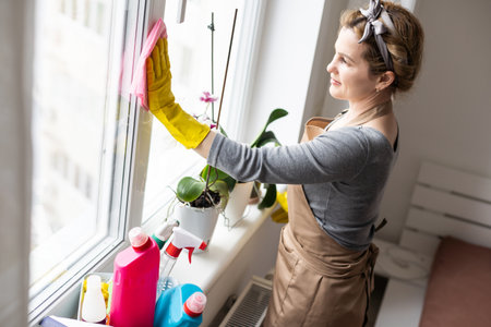 Beautiful woman cleaning window at home.の写真素材