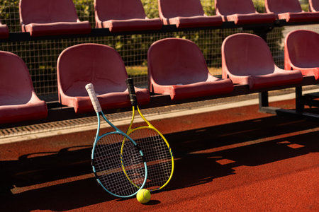Close up view of tennis racket and balls on the clay tennis court