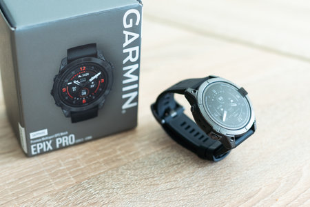 Kyiv, Ukraine -Sept 29. 2023: Photo of Garmin Fenix sport watch. It is a smart multi sport training GPS watch with feature sets for fitness training for outdoor and indoor sports.のeditorial素材