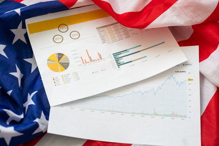 usa business concept, financial charts and graphs with flagの写真素材