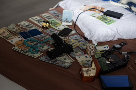 Police handcuffs lies on a set of green monetary denominations of 100 euros. A lot of money forms an infinite heapの写真素材