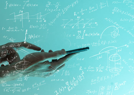 man scientist or student working with various high school maths and science formula.