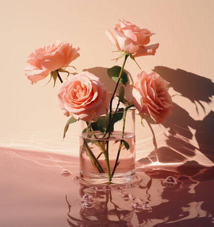 Bouquet of beautiful roses housed in a transparent glass vase in the office.Isolated on white background. Copy space,texture, vertical photoの素材