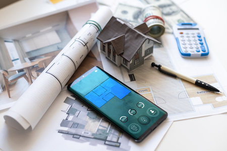 Some Euro banknotes as well as a calculator and a home key on the top of building plans.の写真素材